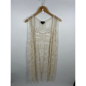 Women Sleeveless Crochet Cardigan L White Fringe Boho Shabby Chic Western Rodeo